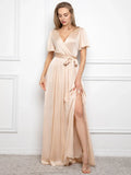 Charming A-Line V Neck Short Sleeve Floor-Length Prom Dress