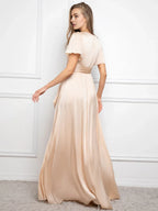 Charming A-Line V Neck Short Sleeve Floor-Length Prom Dress