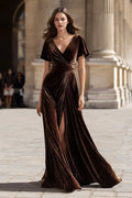 Charming A-Line V Neck Short Sleeve Sweep/Brush Train Prom Dress