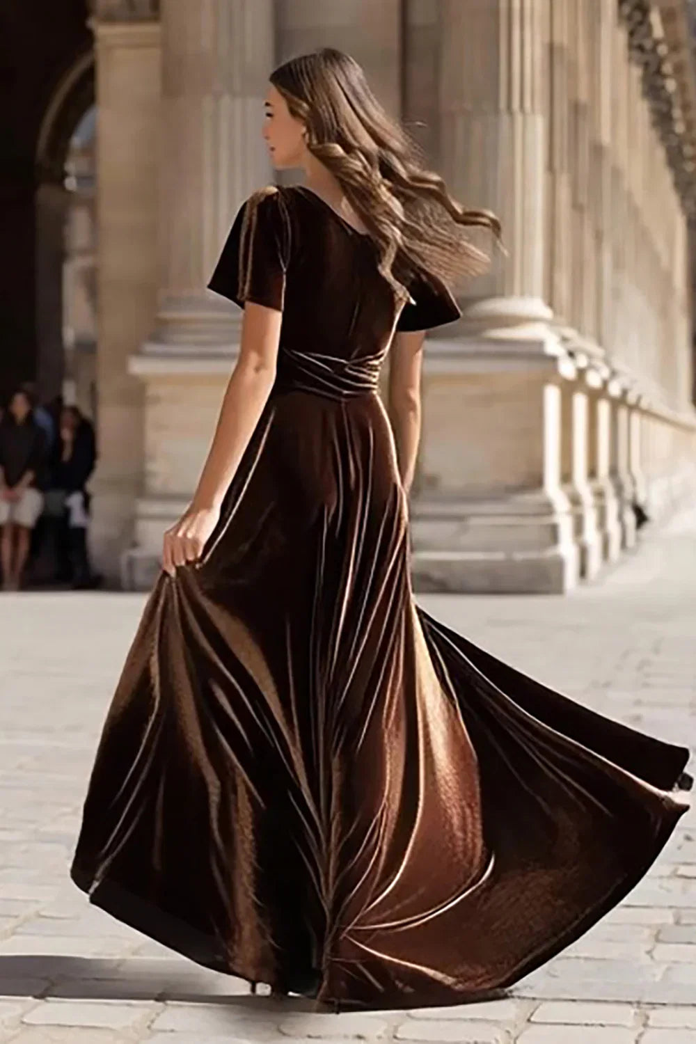 Charming A-Line V Neck Short Sleeve Sweep/Brush Train Prom Dress