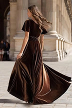 Charming A-Line V Neck Short Sleeve Sweep/Brush Train Prom Dress