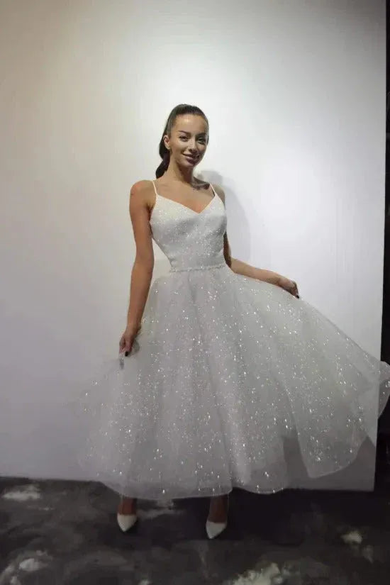 Glamorous White A Line Prom Dress For Teens Beaded Glitter Spaghetti Straps And V Neck For Prom Night