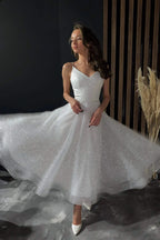 Glamorous White A Line Prom Dress For Teens Beaded Glitter Spaghetti Straps And V Neck For Prom Night