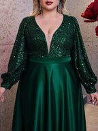Charming A-line V Neck Long Sleeve Zipper Up Floor-Length Plus Size Prom Dress
