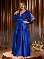 Charming A-line V Neck Long Sleeve Zipper Up Floor-Length Plus Size Prom Dress