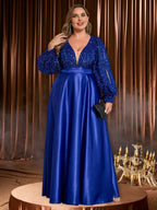 Charming A-line V Neck Long Sleeve Zipper Up Floor-Length Plus Size Prom Dress