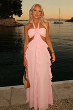 Charming A Line Halter Neck Sleeveless Up Floor-Length Prom Dress