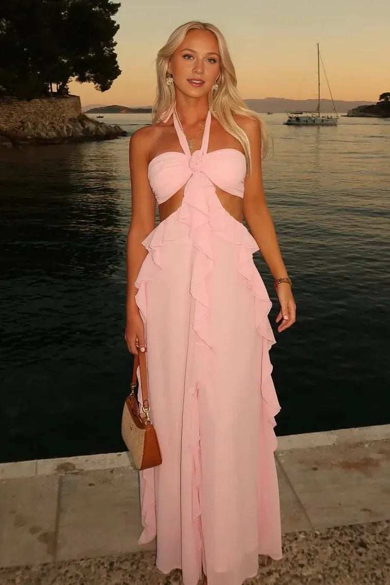 Charming A Line Halter Neck Sleeveless Up Floor-Length Prom Dress