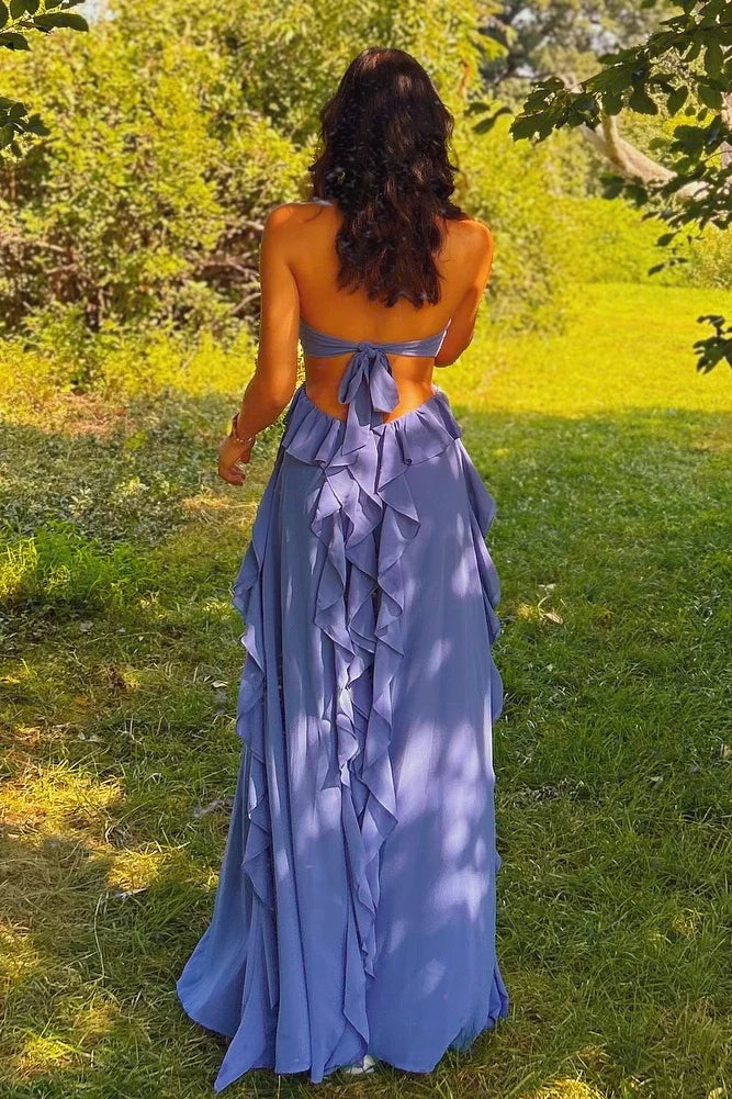 Charming A Line Halter Neck Sleeveless Up Floor-Length Prom Dress