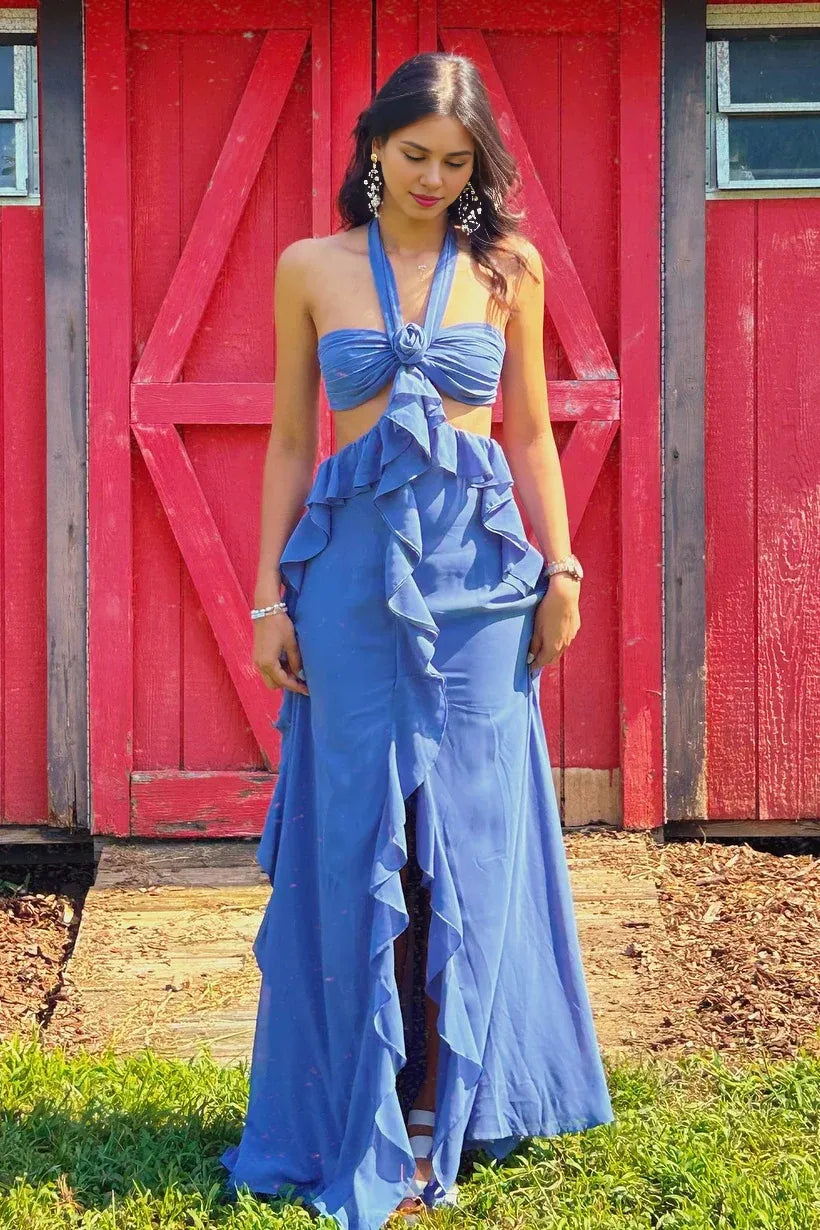 Charming A Line Halter Neck Sleeveless Up Floor-Length Prom Dress