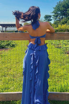 Charming A Line Halter Neck Sleeveless Up Floor-Length Prom Dress