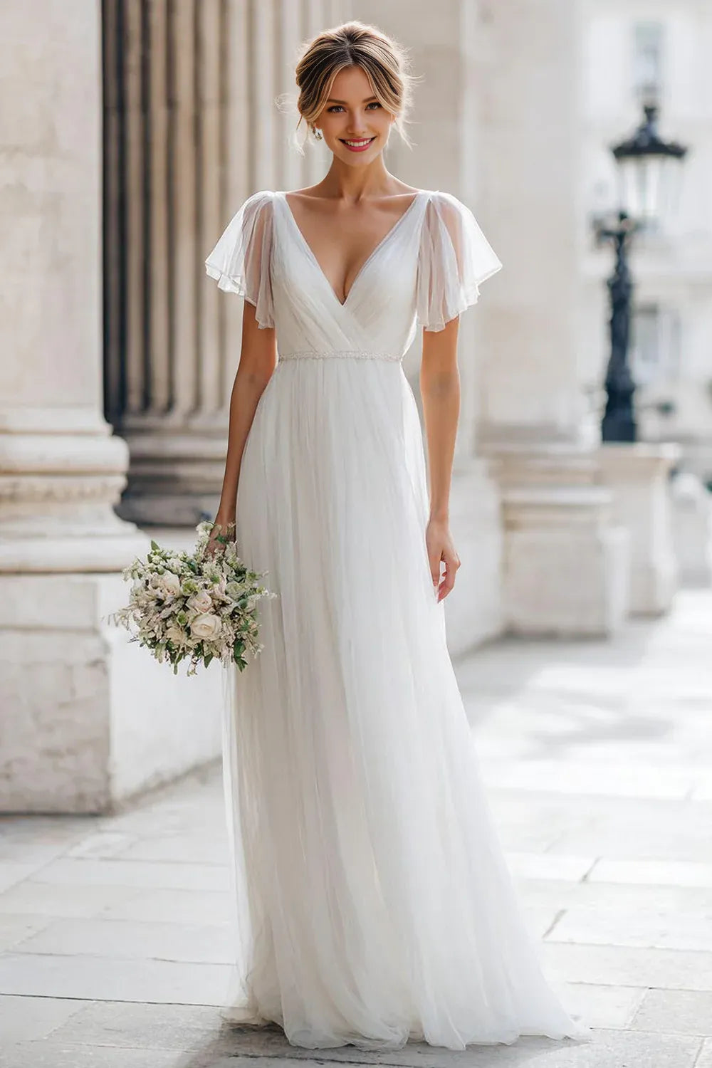 Charming A Line V-Neck Flutter Sleeve Floor-Length Wedding Dress