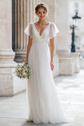 Charming A Line V-Neck Flutter Sleeve Floor-Length Wedding Dress