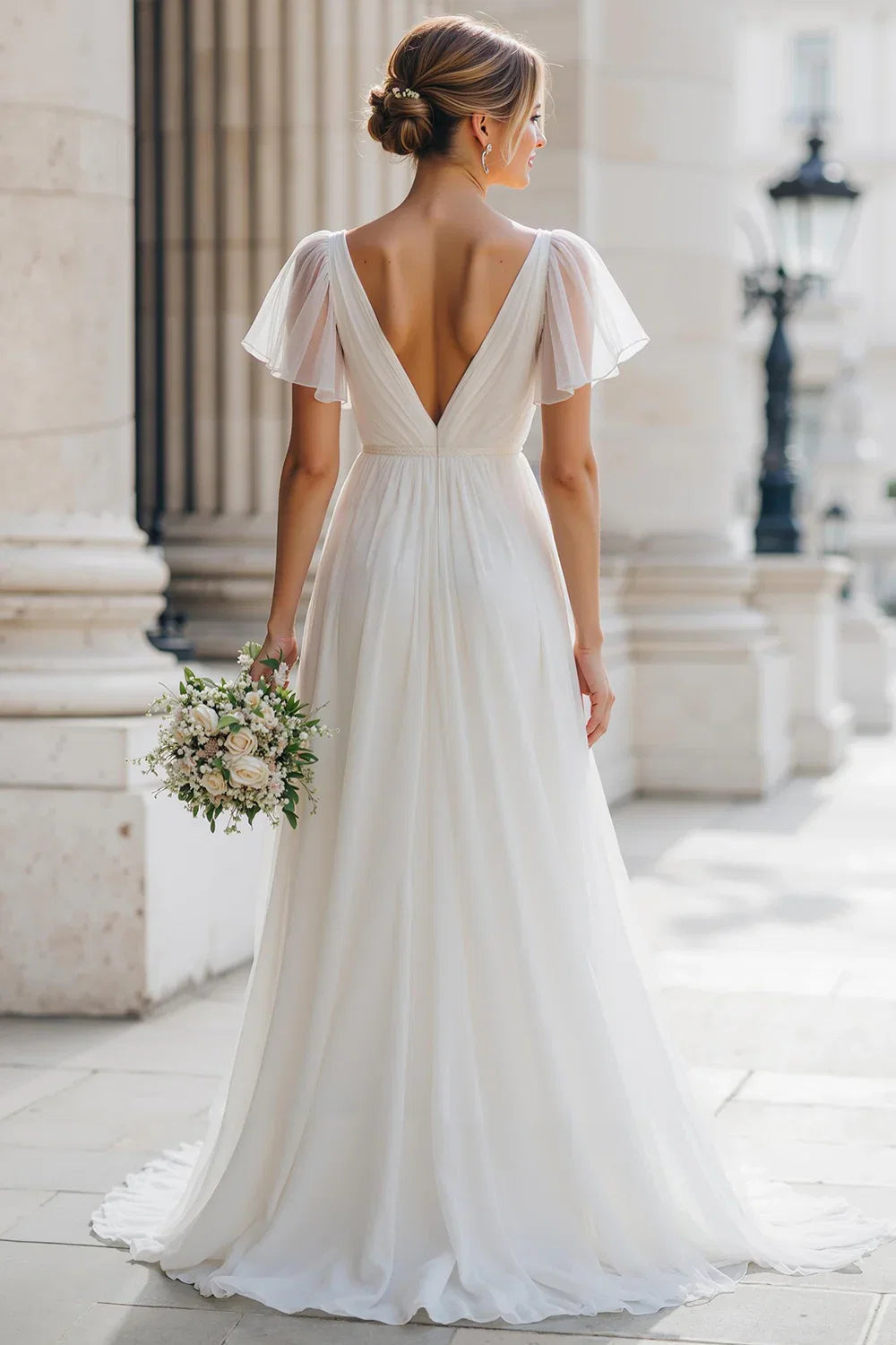 Charming A Line V-Neck Flutter Sleeve Floor-Length Wedding Dress