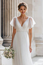 Charming A Line V-Neck Flutter Sleeve Floor-Length Wedding Dress