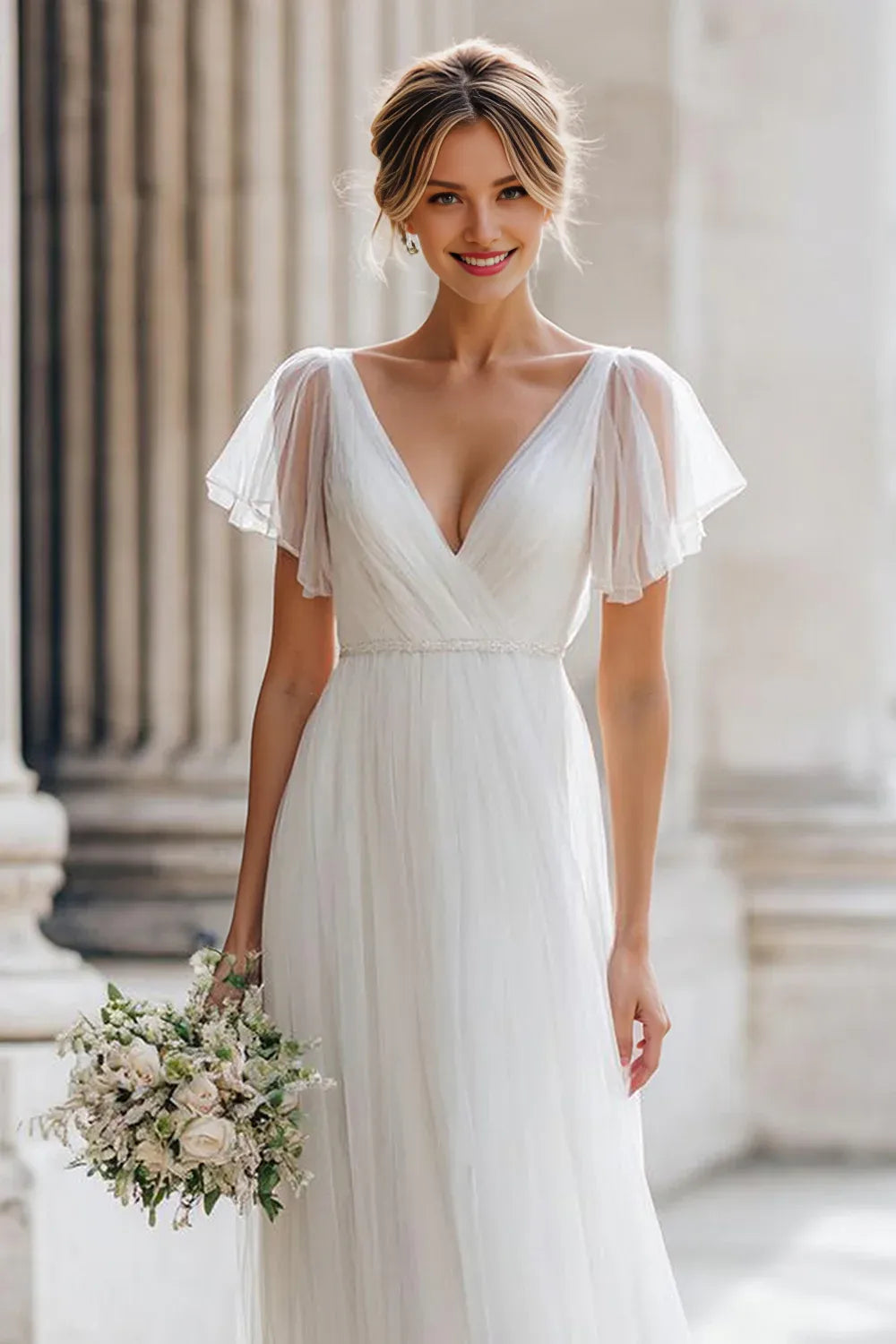 Charming A Line V-Neck Flutter Sleeve Floor-Length Wedding Dress