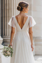 Charming A Line V-Neck Flutter Sleeve Floor-Length Wedding Dress
