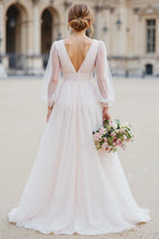 Charming A Line V-Neck Long Sleeve V Back Floor-Length Wedding Dress