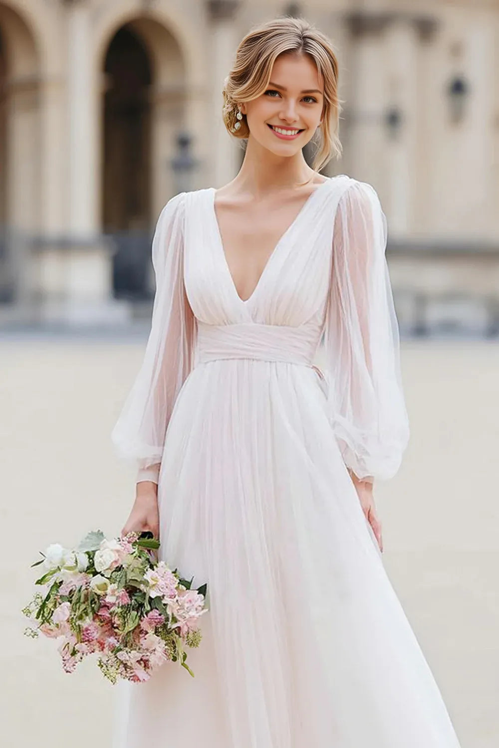 Charming A Line V-Neck Long Sleeve V Back Floor-Length Wedding Dress