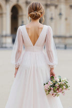 Charming A Line V-Neck Long Sleeve V Back Floor-Length Wedding Dress