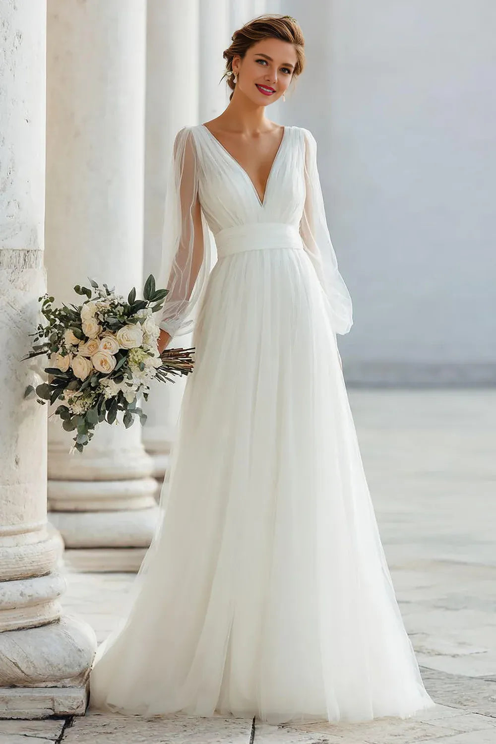 Charming A Line V-Neck Long Sleeve V Back Floor-Length Wedding Dress