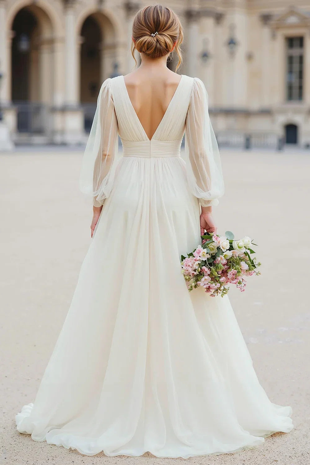 Charming A Line V-Neck Long Sleeve V Back Floor-Length Wedding Dress
