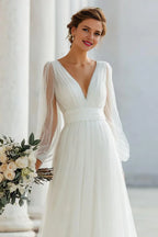 Charming A Line V-Neck Long Sleeve V Back Floor-Length Wedding Dress