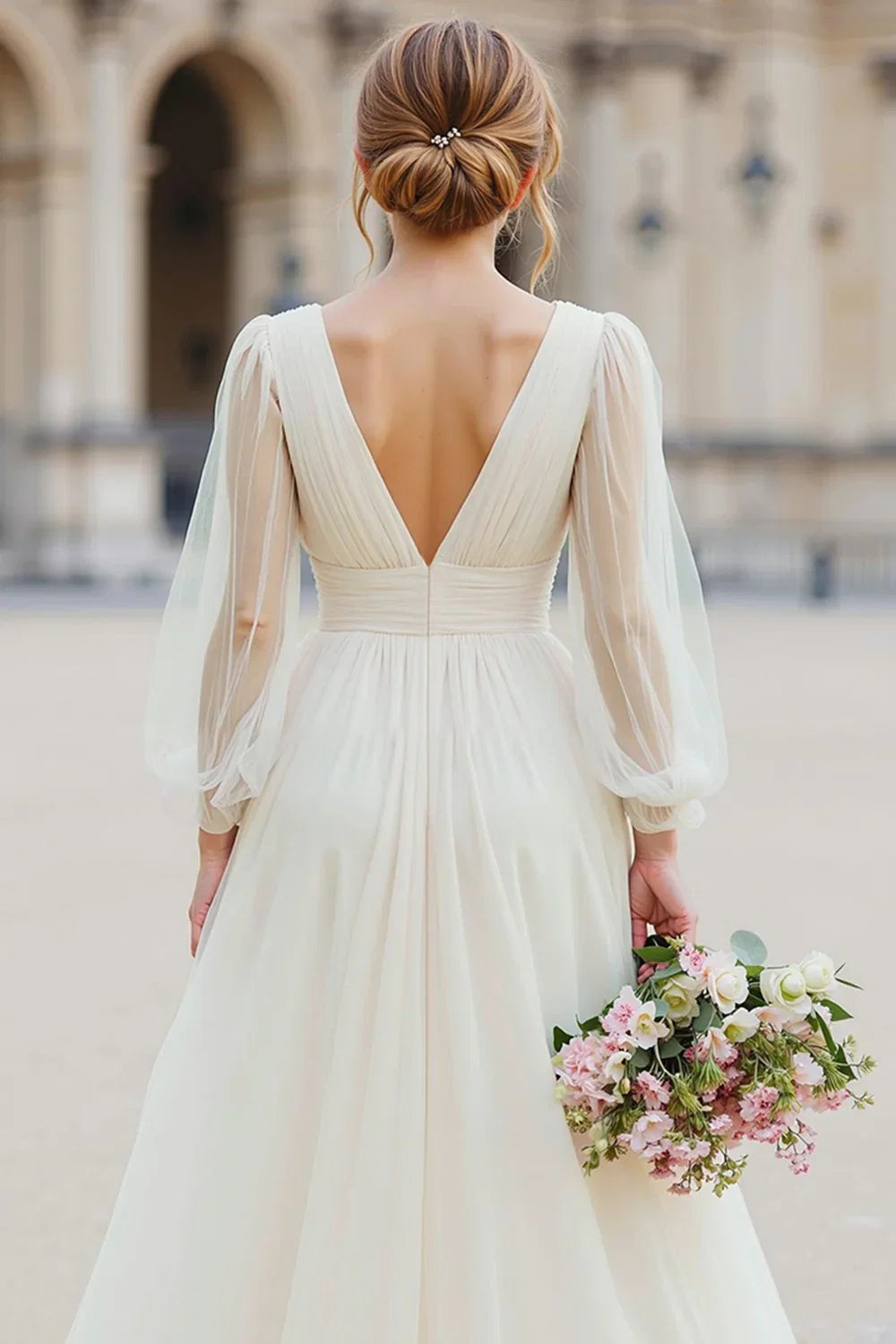 Charming A Line V-Neck Long Sleeve V Back Floor-Length Wedding Dress