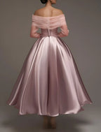 Charming Ball-Gown Off-Shoulder Long Sleeve Tulle Trim Dusty Pink Tea-Length Prom Dress For Women Ready To Ship