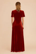 Charming Burnt Orange Velvet Deep V-Neck Puff-Sleeve Maxi Bridesmaid Dress with Waist Accent