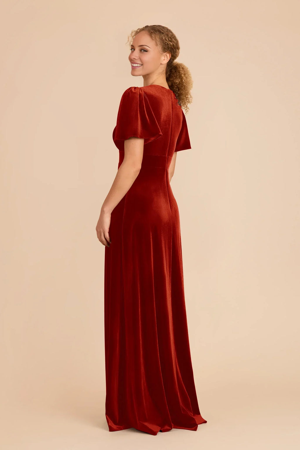 Charming Burnt Orange Velvet Deep V-Neck Puff-Sleeve Maxi Bridesmaid Dress with Waist Accent