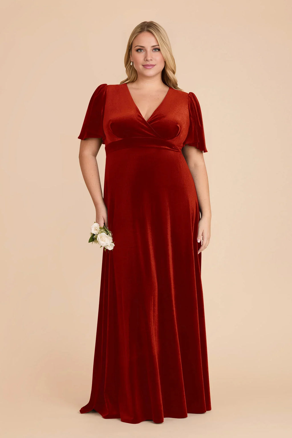 Charming Burnt Orange Velvet Deep V-Neck Puff-Sleeve Maxi Bridesmaid Dress with Waist Accent
