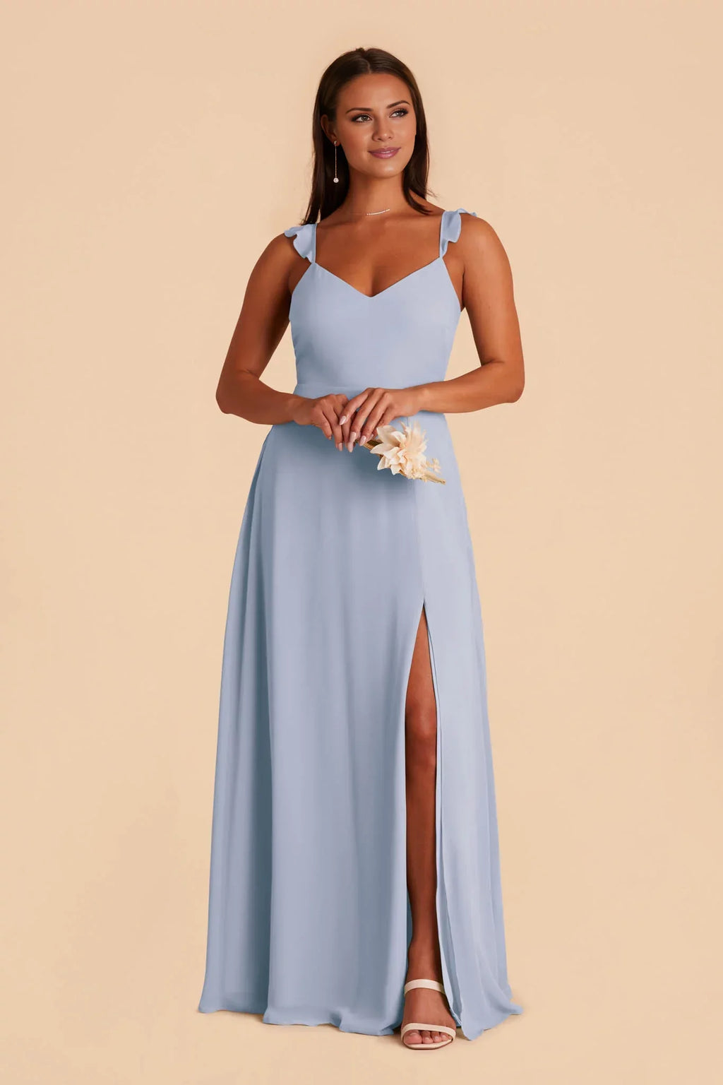 Charming Dusty Blue Chiffon Deep V-Neck Ruffle-Strap Maxi Bridesmaid Dress with Cutout Back & High Side Slit