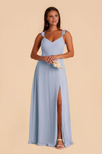 Charming Dusty Blue Chiffon Deep V-Neck Ruffle-Strap Maxi Bridesmaid Dress with Cutout Back & High Side Slit
