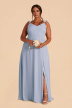 Charming Dusty Blue Chiffon Deep V-Neck Ruffle-Strap Maxi Bridesmaid Dress with Cutout Back & High Side Slit