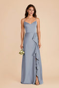 Charming Dusty Blue Satin Deep V-Neck Spaghetti-Strap Maxi Bridesmaid Dress with Ruffle Trim & High Side Slit