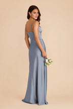 Charming Dusty Blue Satin Deep V-Neck Spaghetti-Strap Maxi Bridesmaid Dress with Ruffle Trim & High Side Slit