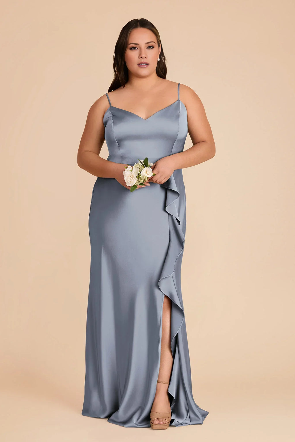 Charming Dusty Blue Satin Deep V-Neck Spaghetti-Strap Maxi Bridesmaid Dress with Ruffle Trim & High Side Slit