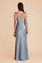 Charming Dusty Blue Satin Square Neck Bow-Strap Maxi Bridesmaid Dress with High Side Slit