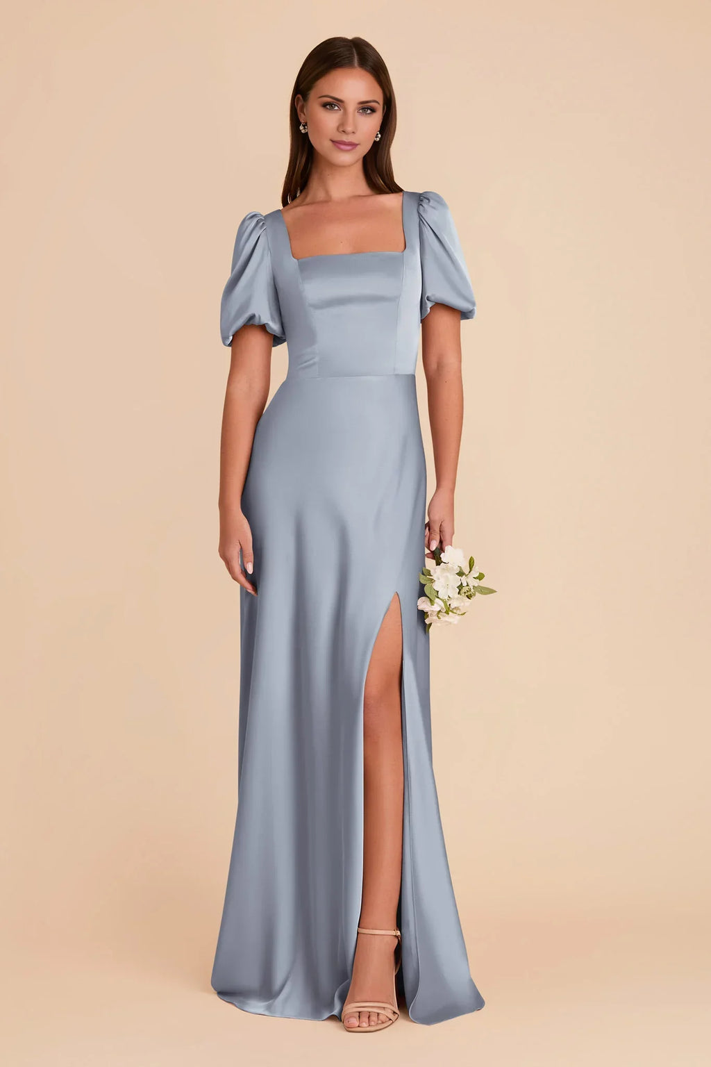 Charming Dusty Blue Satin Square Neck Puff-Sleeve Maxi Bridesmaid Dress with High Side Slit & Open Back