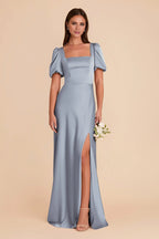 Charming Dusty Blue Satin Square Neck Puff-Sleeve Maxi Bridesmaid Dress with High Side Slit & Open Back