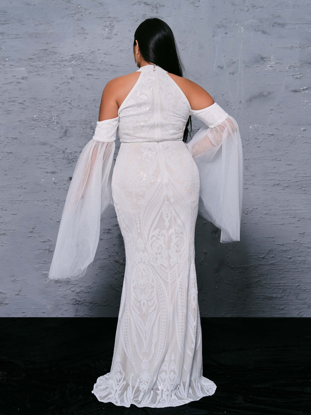 Charming Mermaid Cold Shoulder Flutter Sleeve Zipper Up Sweep/Brush Train Plus Size Prom Dress