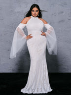 Charming Mermaid Cold Shoulder Flutter Sleeve Zipper Up Sweep/Brush Train Plus Size Prom Dress