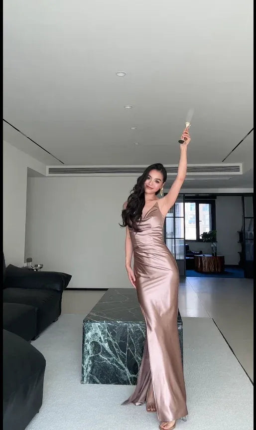 Mermaid Satin Prom Dress Champagne Cowl Neck Spaghetti Straps With Slit For Glam Prom Goers