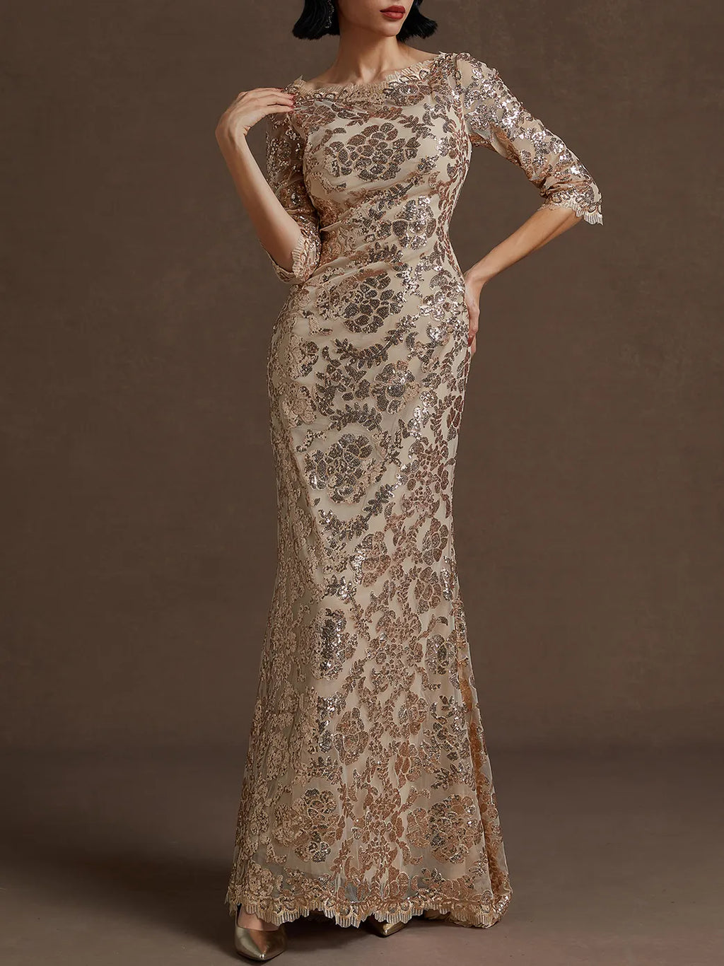 Charming Mermaid Crew Neck Three Quarter Sleeve Back Zip Floor-Length Evening Dress