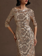 Charming Mermaid Crew Neck Three Quarter Sleeve Back Zip Floor-Length Evening Dress