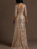 Charming Mermaid Crew Neck Three Quarter Sleeve Back Zip Floor-Length Evening Dress