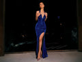 Mermaid Halter Prom Dress With Glitter Open Back And High Slit In Royal Blue Train For Prom Night