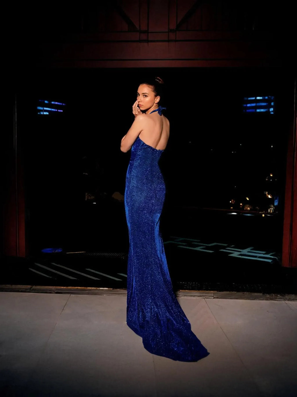 Mermaid Halter Prom Dress With Glitter Open Back And High Slit In Royal Blue Train For Prom Night