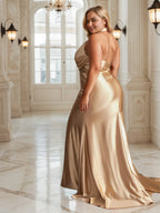 Charming Mermaid Halter V Neck Sleeveless Backless Sweep/Brush Train Plus Size Prom Dress